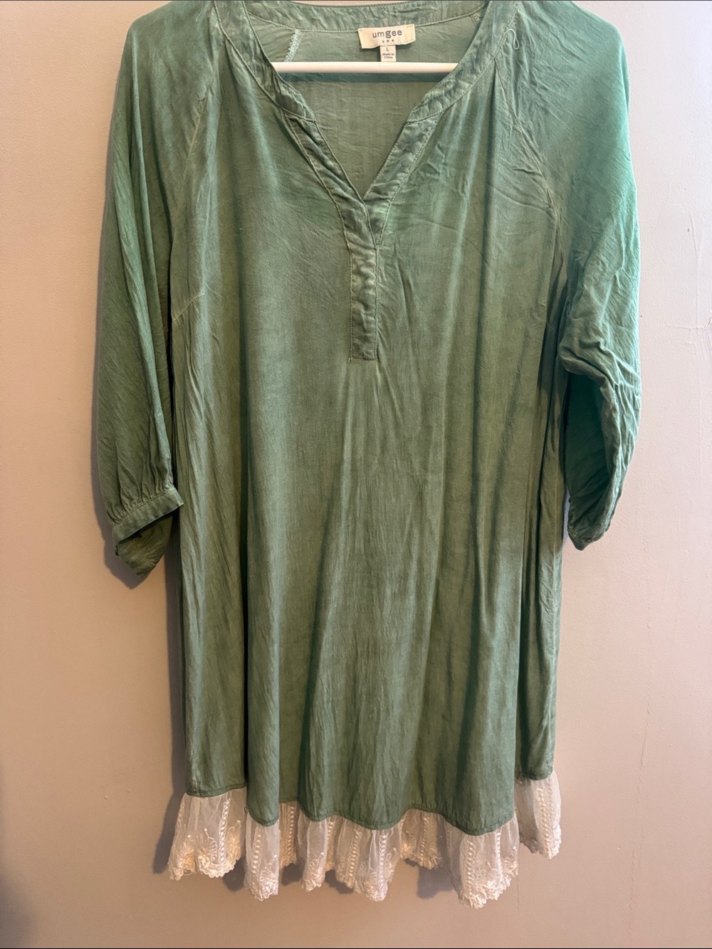 Umgee Sage Green V-Neck Tunic with Lace Trim